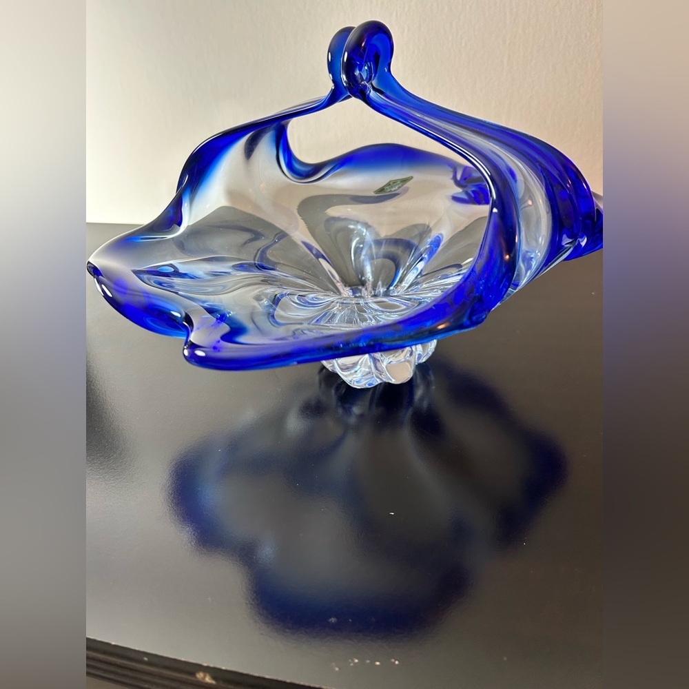 Vintage Shannon Crystal Designs of Ireland Hand Made Crystal Cobalt Blue Basket